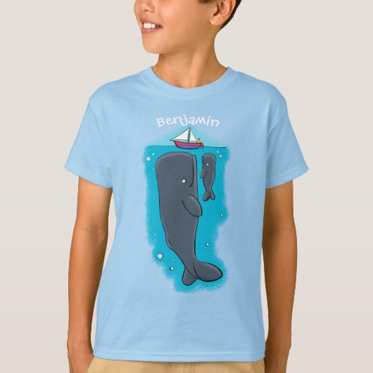 Schildwalvissen en cartoon van zeilboten t-shirt (Voorkant)
