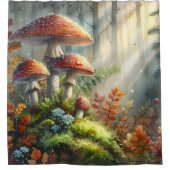 Schimmels Amanita Paddenstoel Ochtend Forest gebla Douchegordijn (Voorkant)