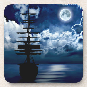 Schip bij volle maan kurken onderzetter