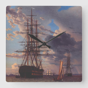 Schip en een fregat voor anker  vierkante klok