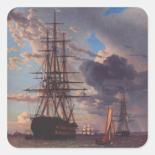 Schip en een fregat voor anker vierkante sticker