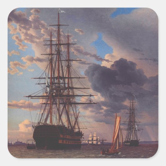 Schip en een fregat voor anker  vierkante sticker (Voorkant)
