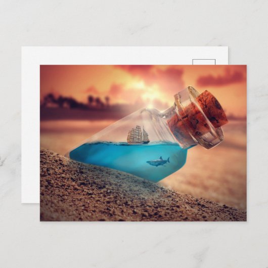 Schip en haai in de fles briefkaart (Voorkant / Achterkant)