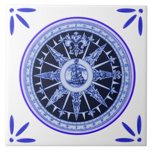 Schip en kompas -Delft-Blue-look voor schepen Tegeltje (Voorkant)