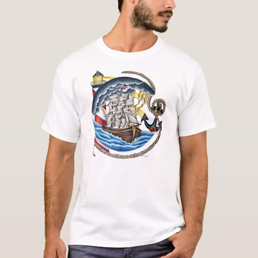 Schip- en vuurtoren grafisch T-shirt (Voorkant)