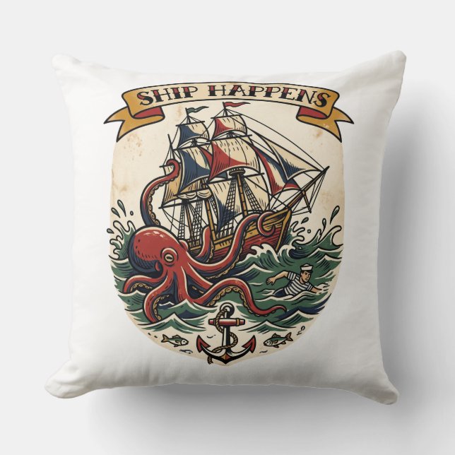 Schip gebeurt Kraken Piraat Tatoeage Flash Grappig Kussen (Voorkant)