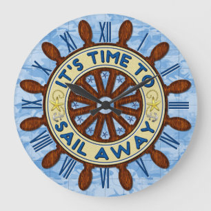 Schip helm houtwwiel Nautical Blue Map Sail Away Grote Klok