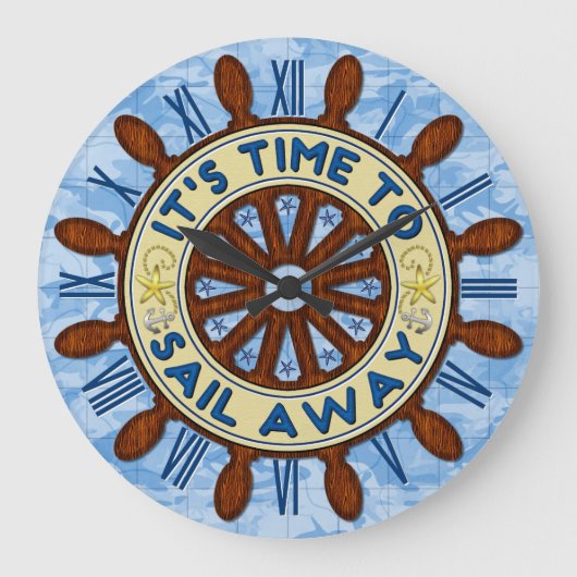Schip helm houtwwiel Nautical Blue Map Sail Away Grote Klok (Voorkant)