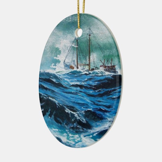Schip in de zee in storm keramisch ornament (Links)