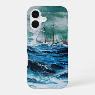 Schip in de zee in storm / marineblauw iPhone 16 hoesje