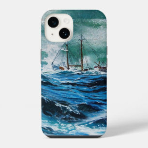 Schip in de zee in storm / marineblauw iPhone 14 hoesje