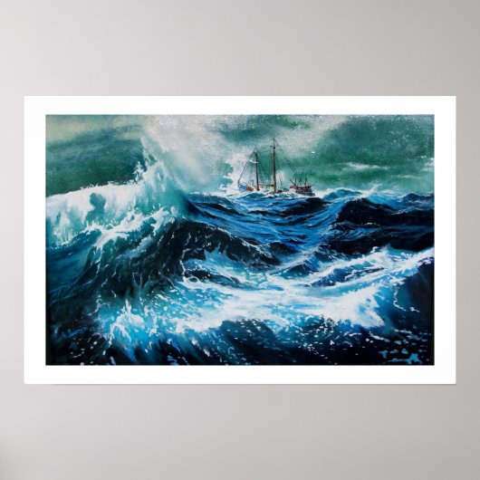 Schip in de zee in storm poster (Voorkant)