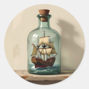 schip in een Antiek flesje Ronde Sticker