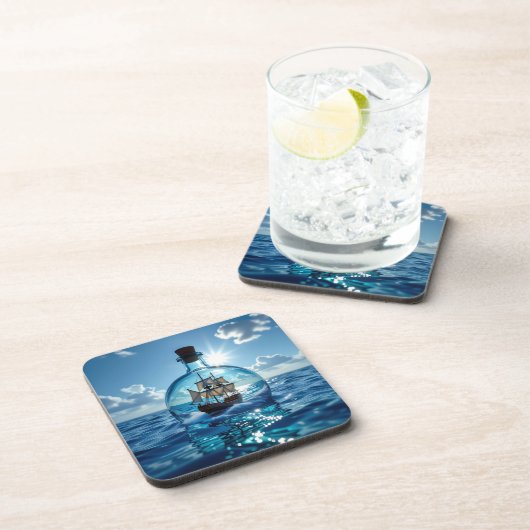 Schip in een fles drijvend op de oceaan bier onderzetter (Rechterzijde)
