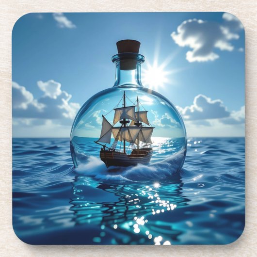 Schip in een fles drijvend op de oceaan bier onderzetter (Voorkant)