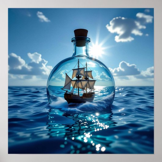 Schip in een fles drijvend op de oceaan poster (Voorkant)