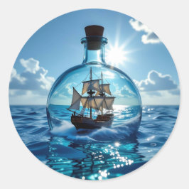 Schip in een fles drijvend op de oceaan ronde sticker