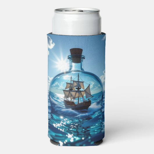 Schip in een fles drijvend op de oceaan seltzer blikjeskoeler (Seltzer Achterkant)
