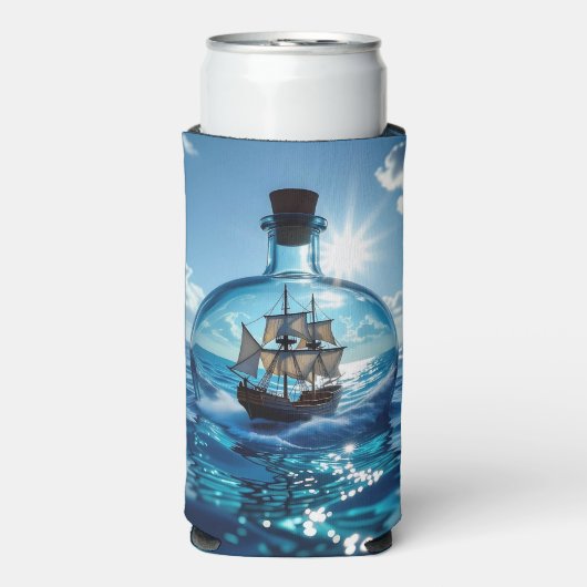 Schip in een fles drijvend op de oceaan seltzer blikjeskoeler (Seltzer Voorkant)
