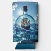 Schip in een fles drijvend op de oceaan seltzer blikjeskoeler (Achterkant)