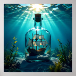Schip in een fles in de oceaan poster