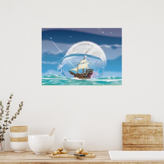 Schip in een fles op het zee poster (Keuken)