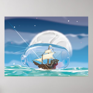 Schip in een fles op zee poster