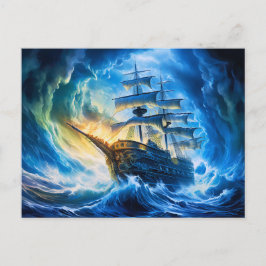 Schip in fantasieschilderij van een gloeiende blau briefkaart