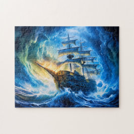 Schip in fantasieschilderij van een gloeiende blau legpuzzel
