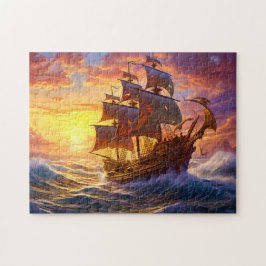 Schip in gouden zonsondergang storm fantasieschild legpuzzel