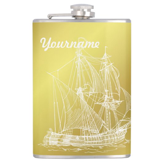 schip in goudwit en naam sjabloon heupfles (Voorkant)