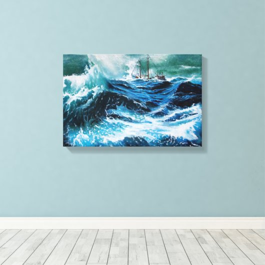 Schip in het Zee in Storm Canvas Afdruk (Insitu (Houten vloer))