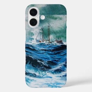 Schip in het Zee in Storm / marineblauw iPhone 16 Hoesje