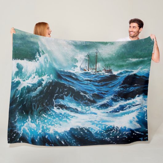 Schip in het Zee in Storm, Nautical, Navy Blue Fleece Deken (In situ)