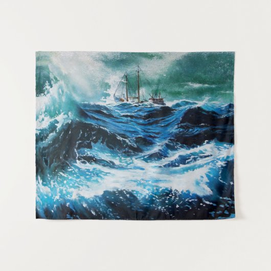 Schip in het Zee in Storm, Nautical, Navy Blue Wandkleed (Voorkant (horizontaal))