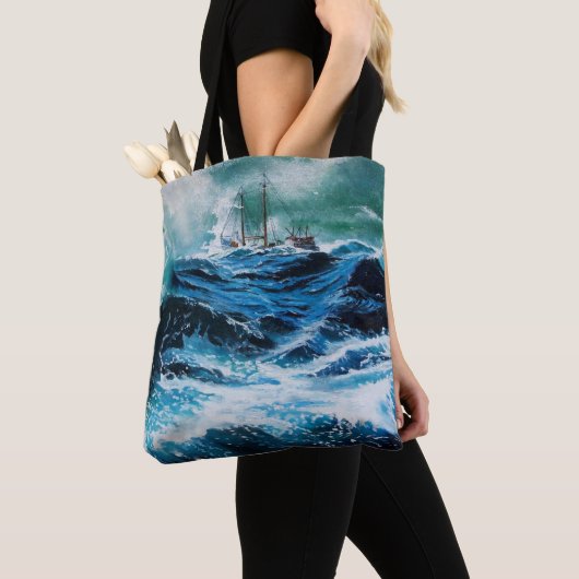 Schip in het Zee in Storm, Nautical Tote Bag (Dichtbij)