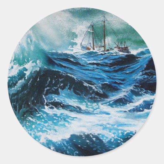 Schip in het Zee in Storm Ronde Sticker (Voorkant)