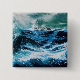 Schip in het Zee in Storm Vierkante Button 5,1 Cm