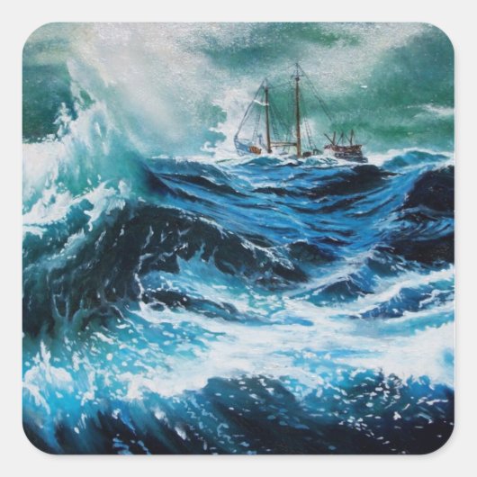 Schip in het Zee in Storm Vierkante Sticker (Voorkant)