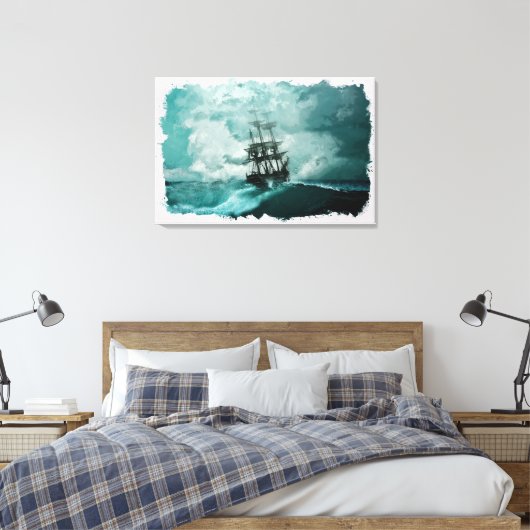 Schip in oceaandigitale kunst canvas afdruk (Insitu (Slaapkamer))