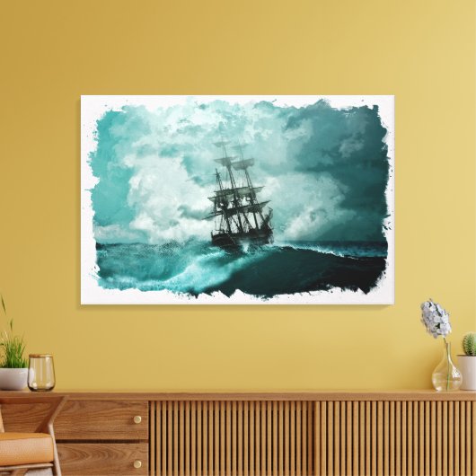 Schip in oceaandigitale kunst canvas afdruk (Insitu (Woonkamer))