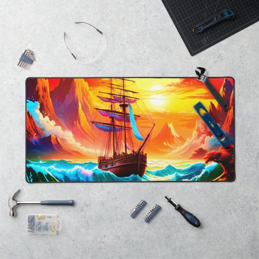 Schip op zonsondergang bureaumat (Werkstation)