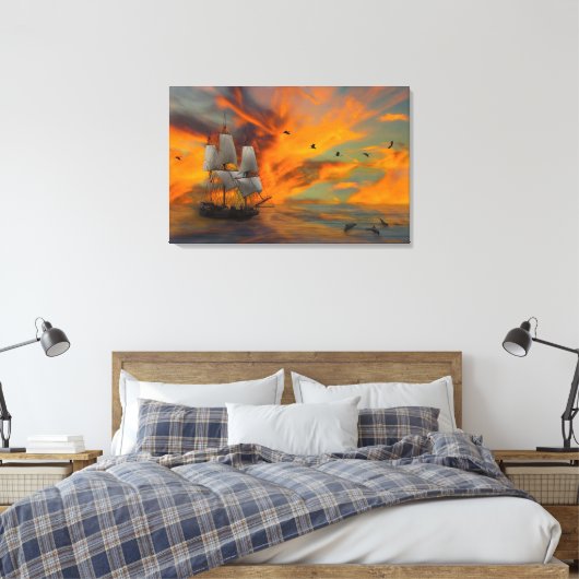 Schip op zonsondergang canvas afdruk (Insitu (Slaapkamer))