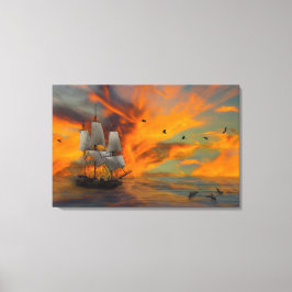 Schip op zonsondergang canvas afdruk