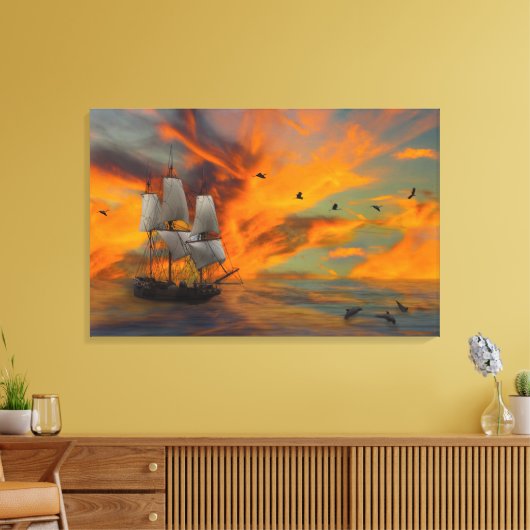 Schip op zonsondergang canvas afdruk (Insitu (Woonkamer))