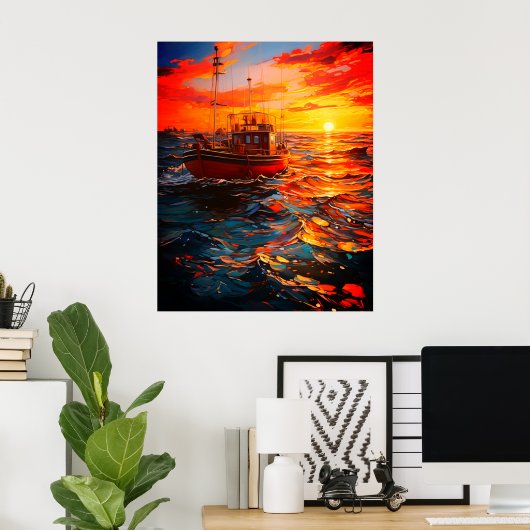 Schip op zonsondergang poster (Thuiskantoor)