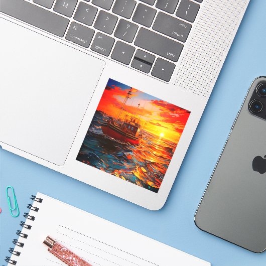 Schip op zonsondergang sticker (Laptop met iPhone)