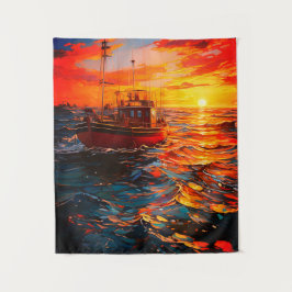 Schip op zonsondergang wandkleed