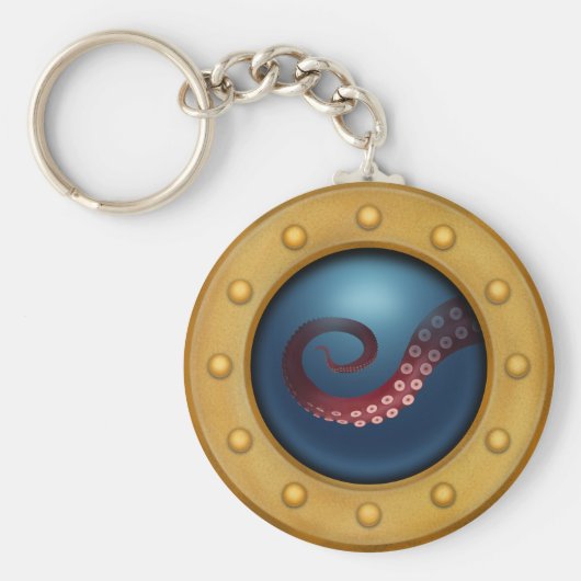 Schip-porthole met octopus Nautical Steampunk Sleutelhanger (Voorkant)