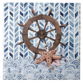 Schip stuurwiel, zeester, nautisch patroon tegeltje